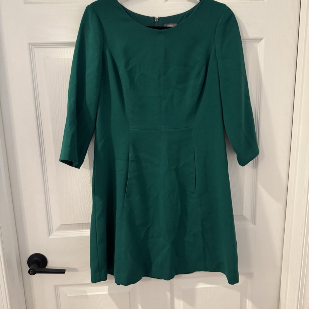 Vince Camuto Sz‎ 10 P Green Dress Shift 3/4 Sleeve Back Zio Scoop Neck Pockets